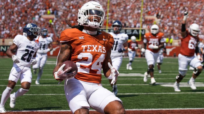 Texas Longhorns running back Jonathon Brooks (24) runs into the end zone for a touch down in the first quarter against the Rice Owls of an NCAA college football game, Saturday, Sept. 2, 2023, in Austin, Texas.